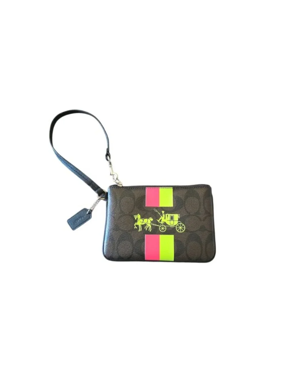 Coach Corner Zip Wristlet Signature Coated Canvas Neon Stripe Horse & Carriage